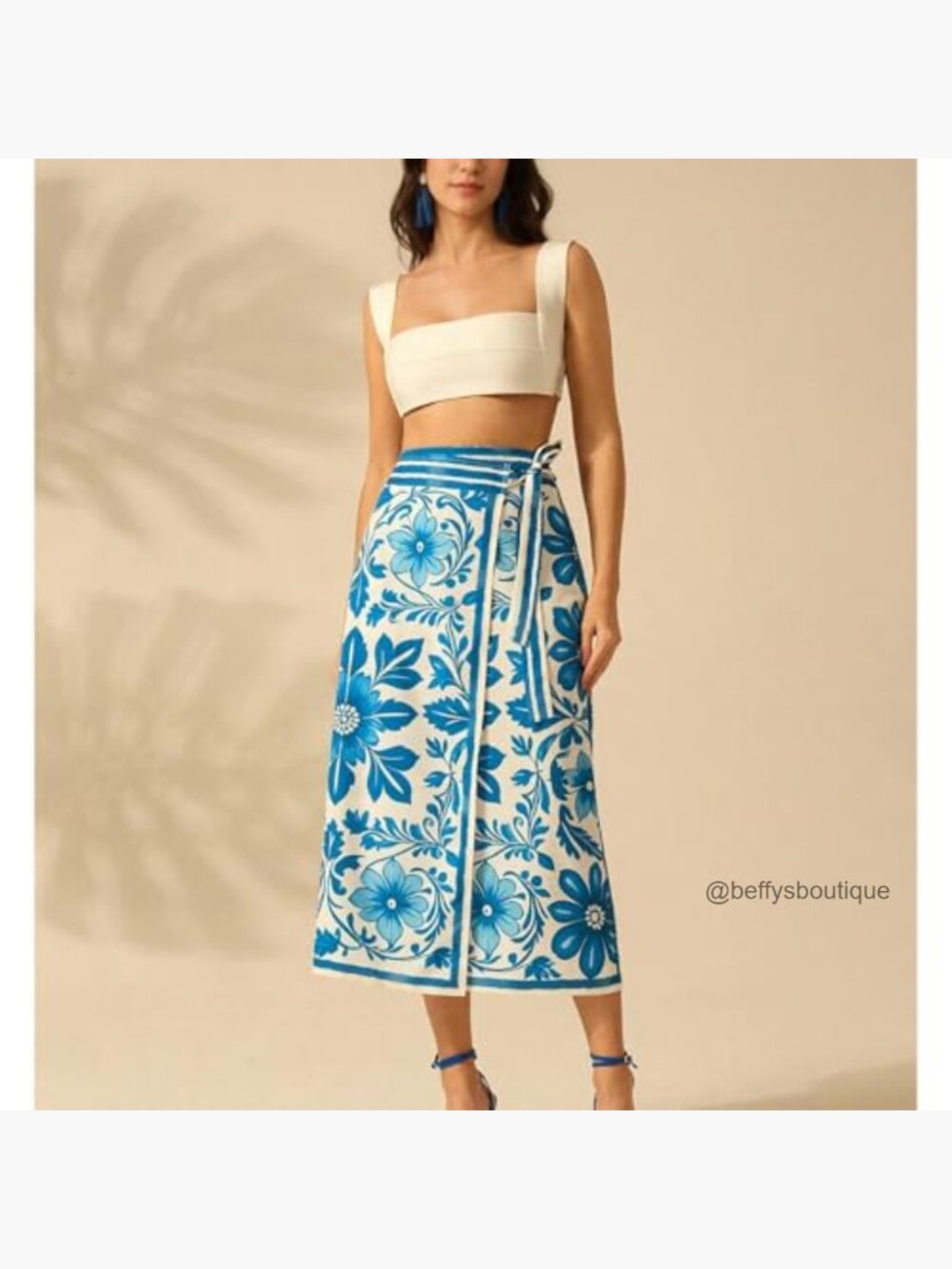 Floral Wrap Midi Skirt High Waist A-Line Boho Flared Side Tie - Picture 2 of 7